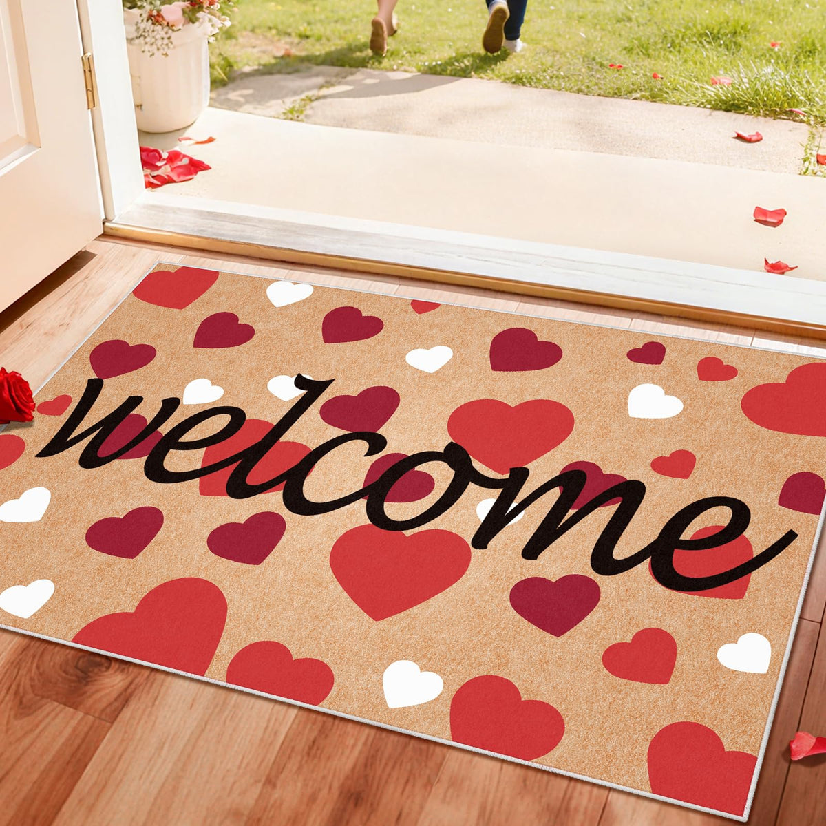 Svepndic front view of Valentine's mat showing heart design and welcome message, enhances entry decor