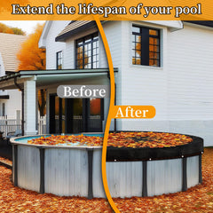 Svepndic leaf net fully stretched over a round pool keeping leaves out