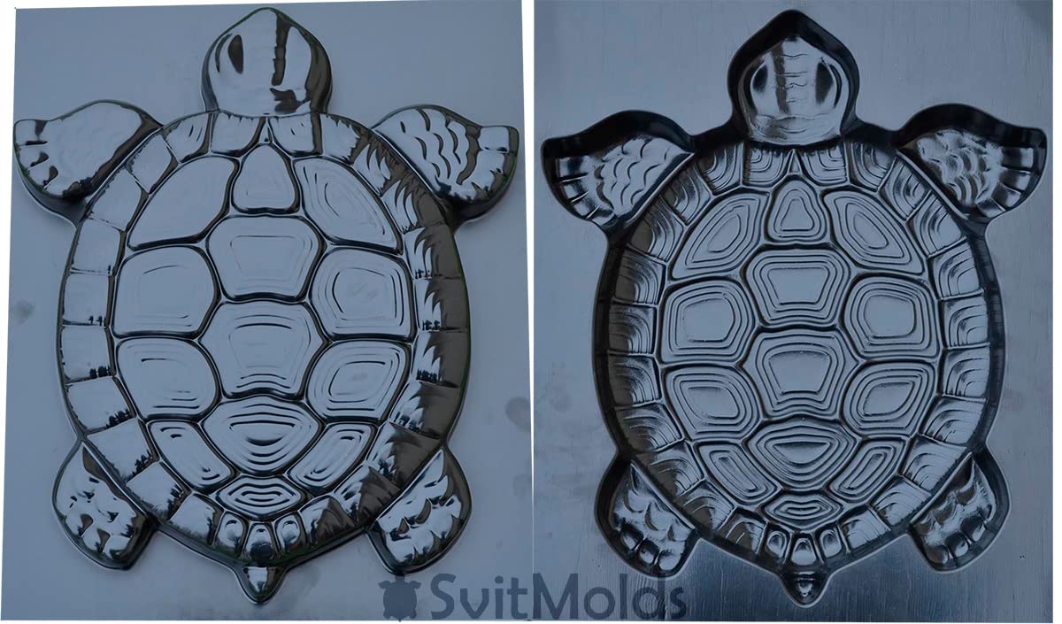 SvitMolds turtle mold next to foot showing practical size for garden paths
