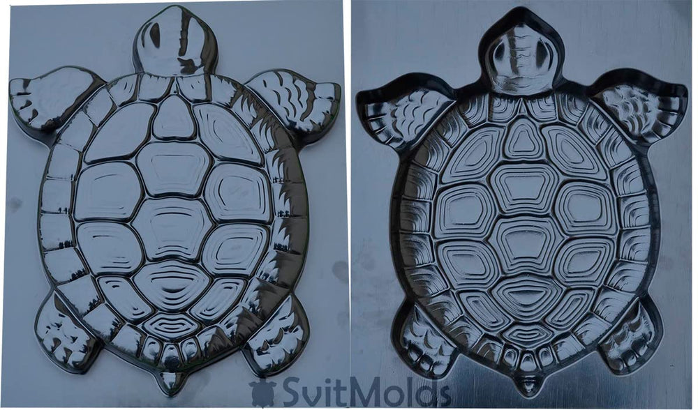 SvitMolds turtle mold next to foot showing practical size for garden paths