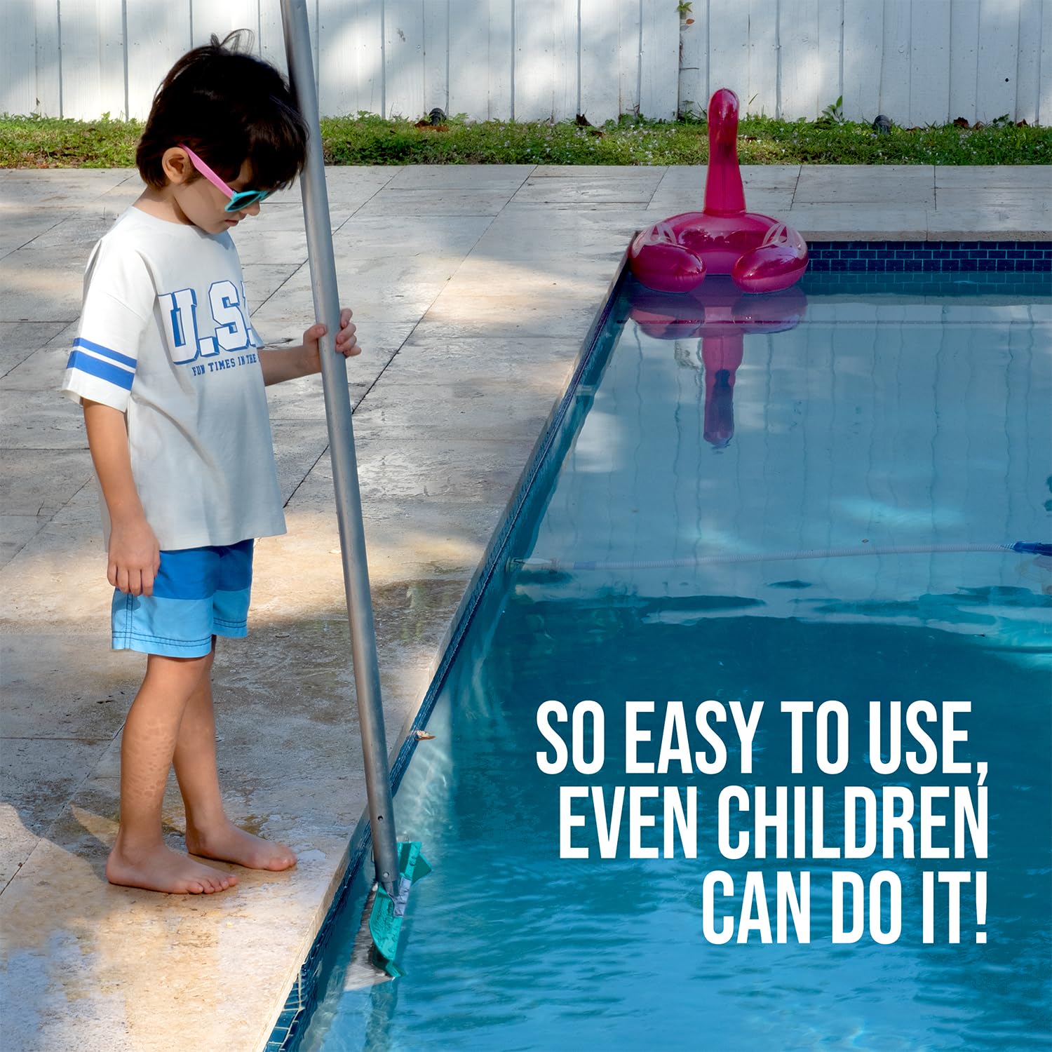 SweepEase Stingray lifestyle backyard scene with homeowner using brush for quick, thorough pool maintenance