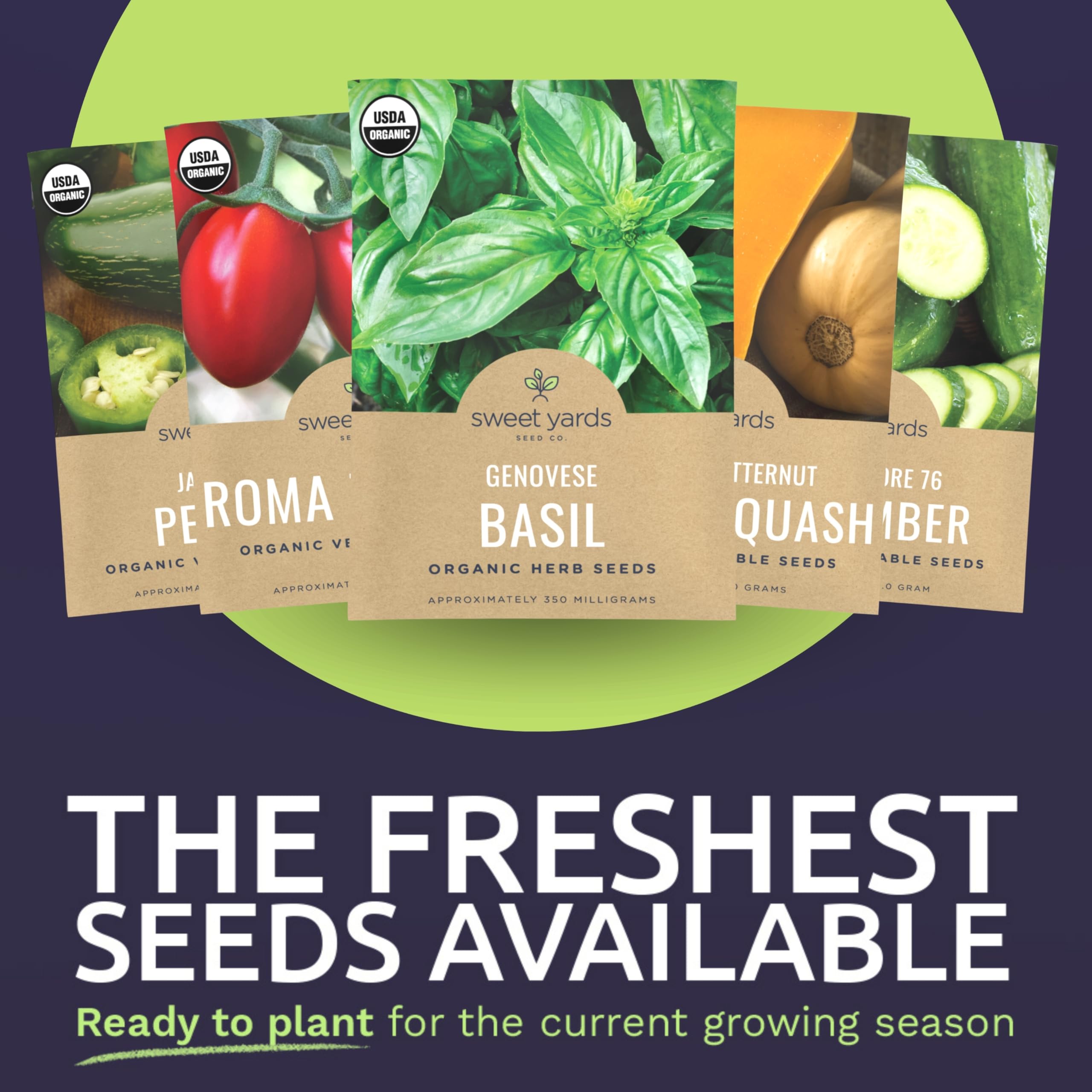 SWEET YARDS close-up of packet label showing planting dates and clear instructions benefit