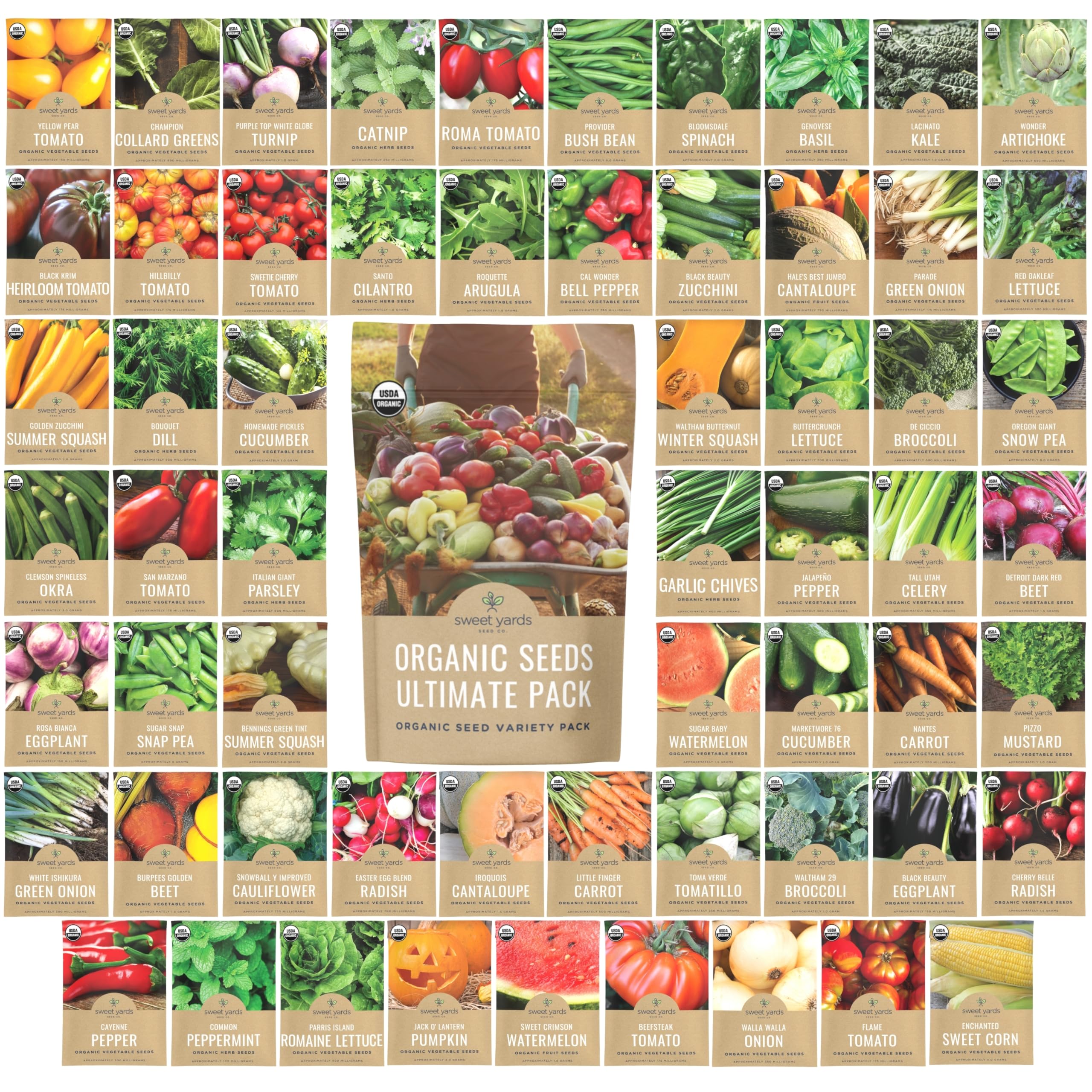 SWEET YARDS front packaging showcasing 60 organic seed packets and gift-ready box benefit