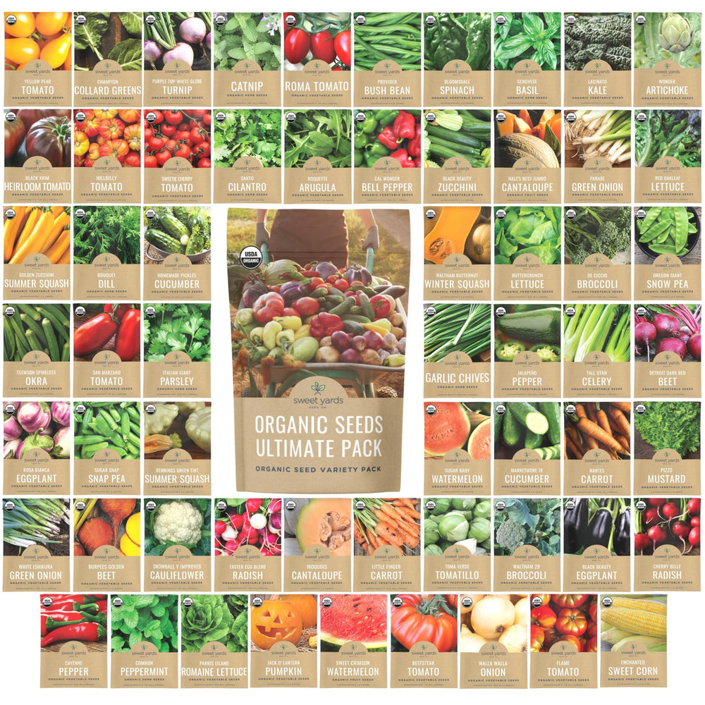 SWEET YARDS front packaging showcasing 60 organic seed packets and gift-ready box benefit