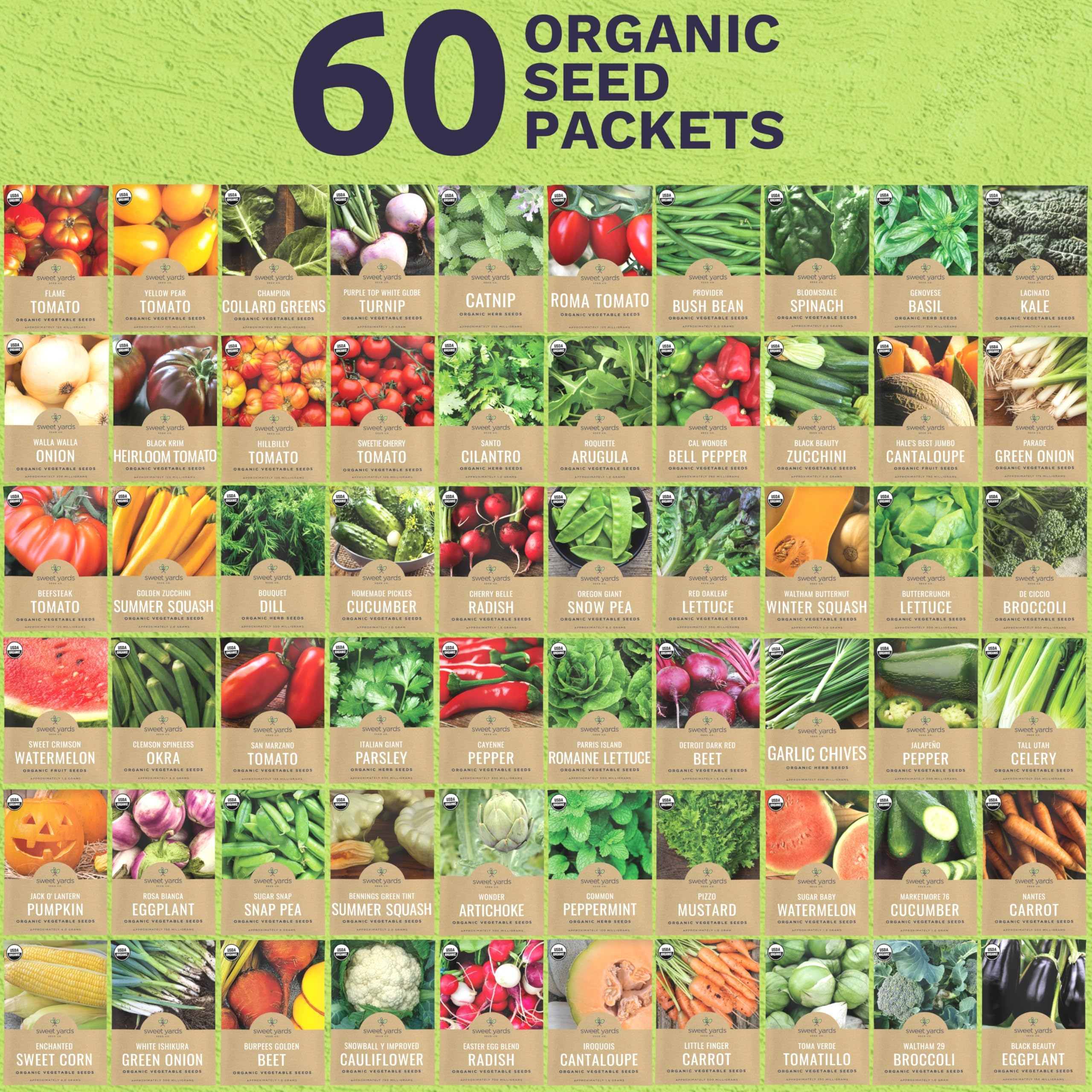 SWEET YARDS seed packets arrayed to display variety and easy selection benefit