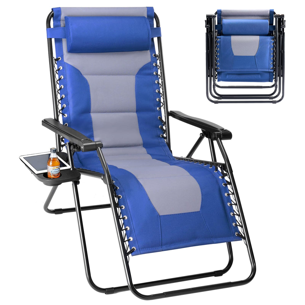 Sweetcrispy front view blue-gray chair showing full recline and comfort