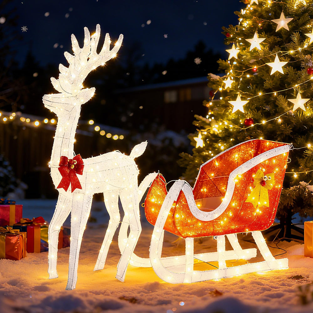 Sweetcrispy front view of reindeer and sleigh showcasing festive curb appeal