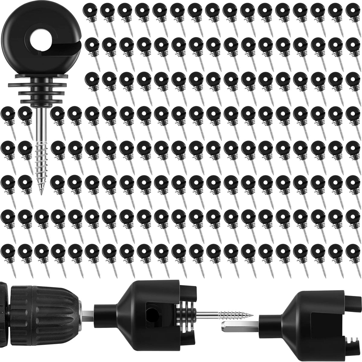 Sweetude front pack of 300 black insulators showing quantity and tool for quick setup
