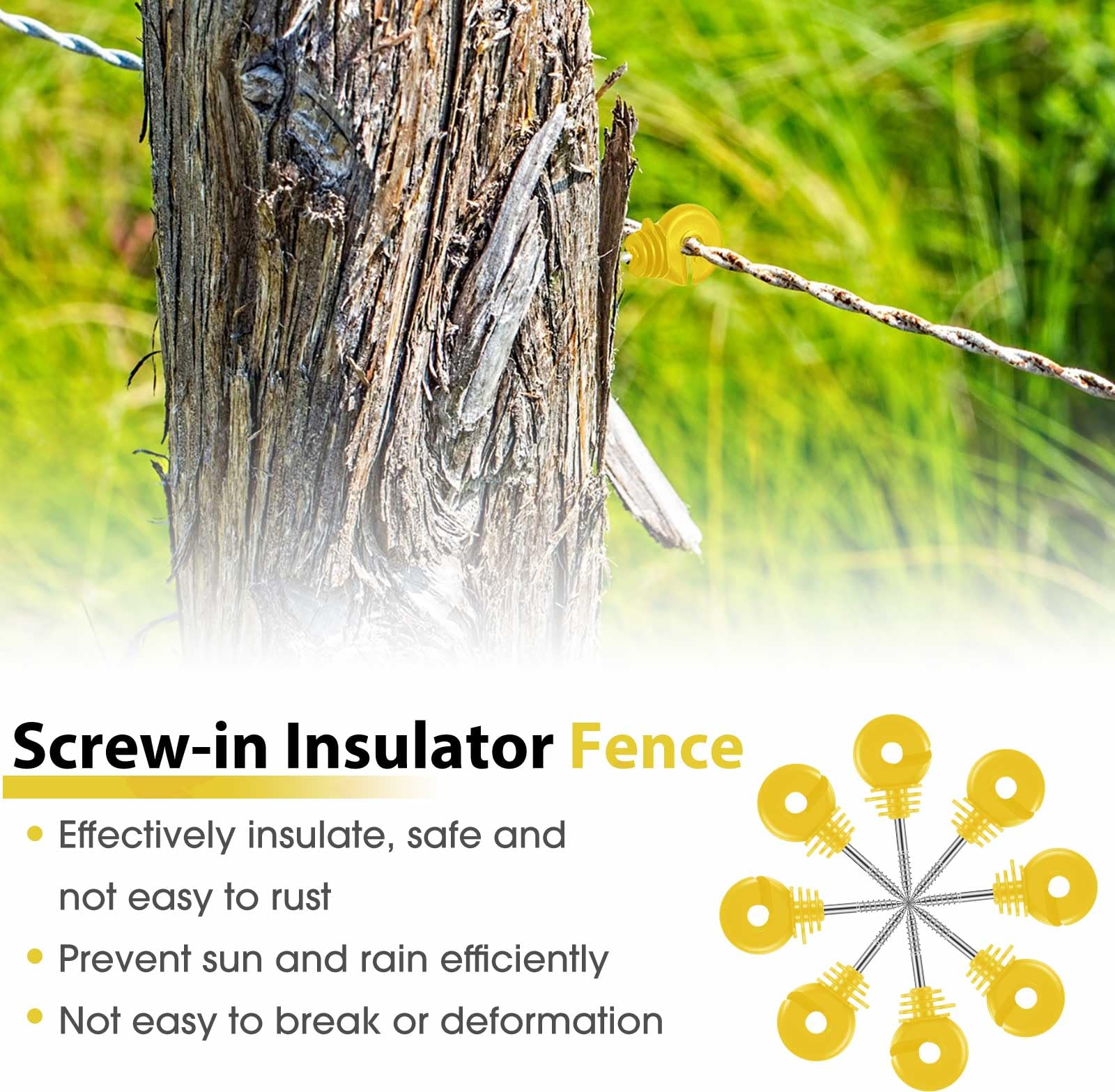 Sweetude insulators installed on a wooden post showing tidy wire spacing and support