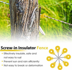 Sweetude insulators installed on a wooden post showing tidy wire spacing and support