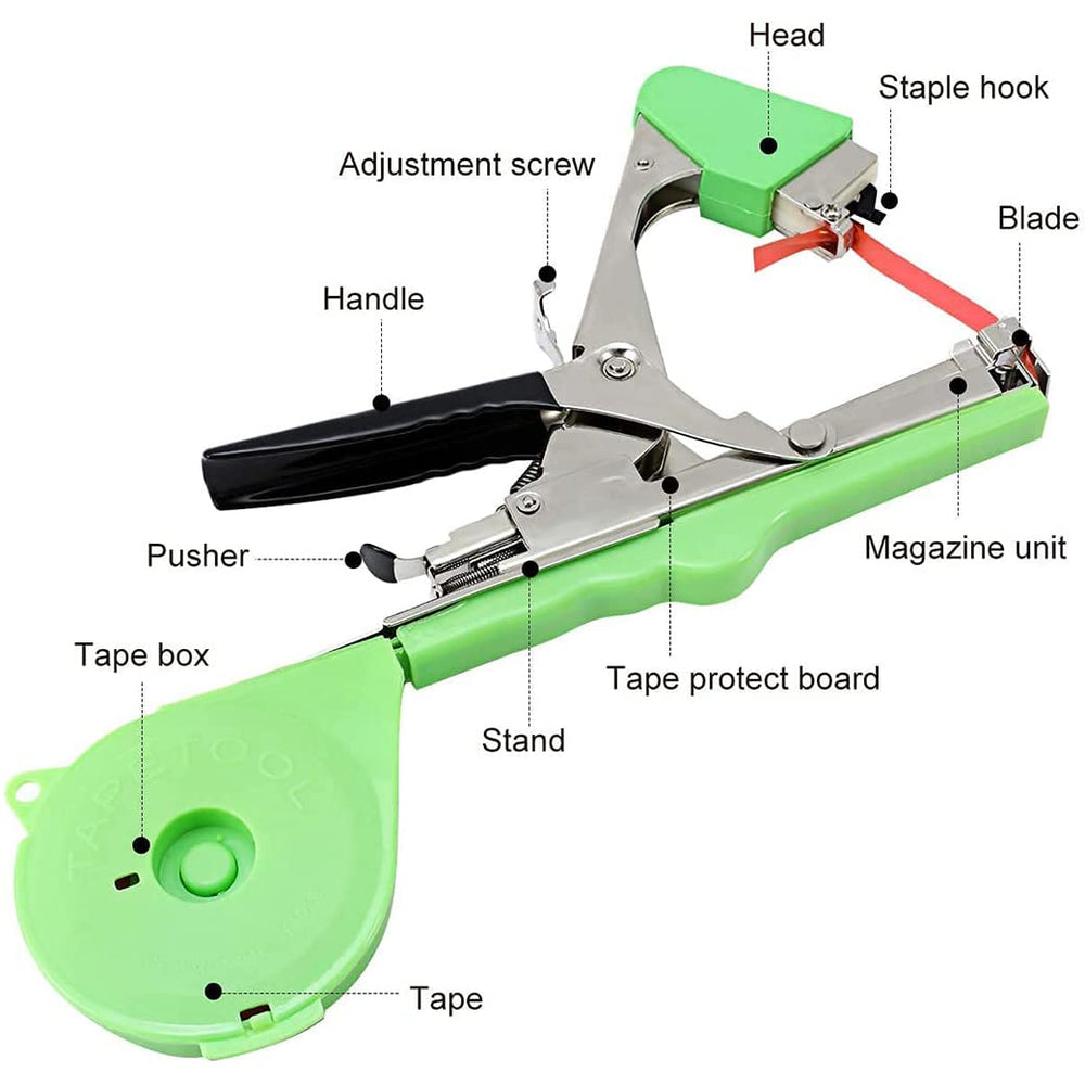 Swetero tool in use tying a tomato stem to support, speeding garden tasks