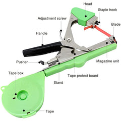 Swetero tool in use tying a tomato stem to support, speeding garden tasks