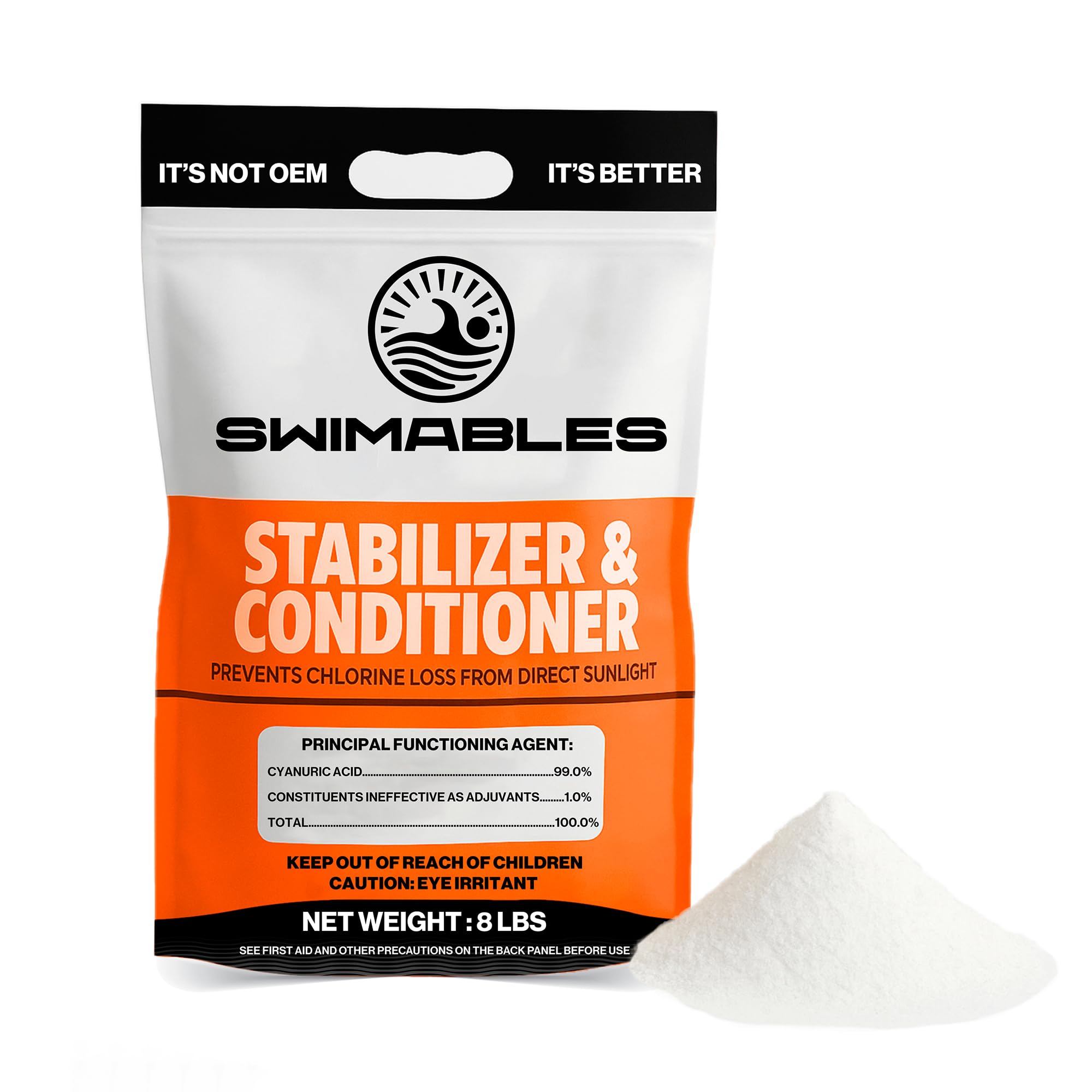 Swimables front packaging showing 8 lb stabilizer and easy storage benefit