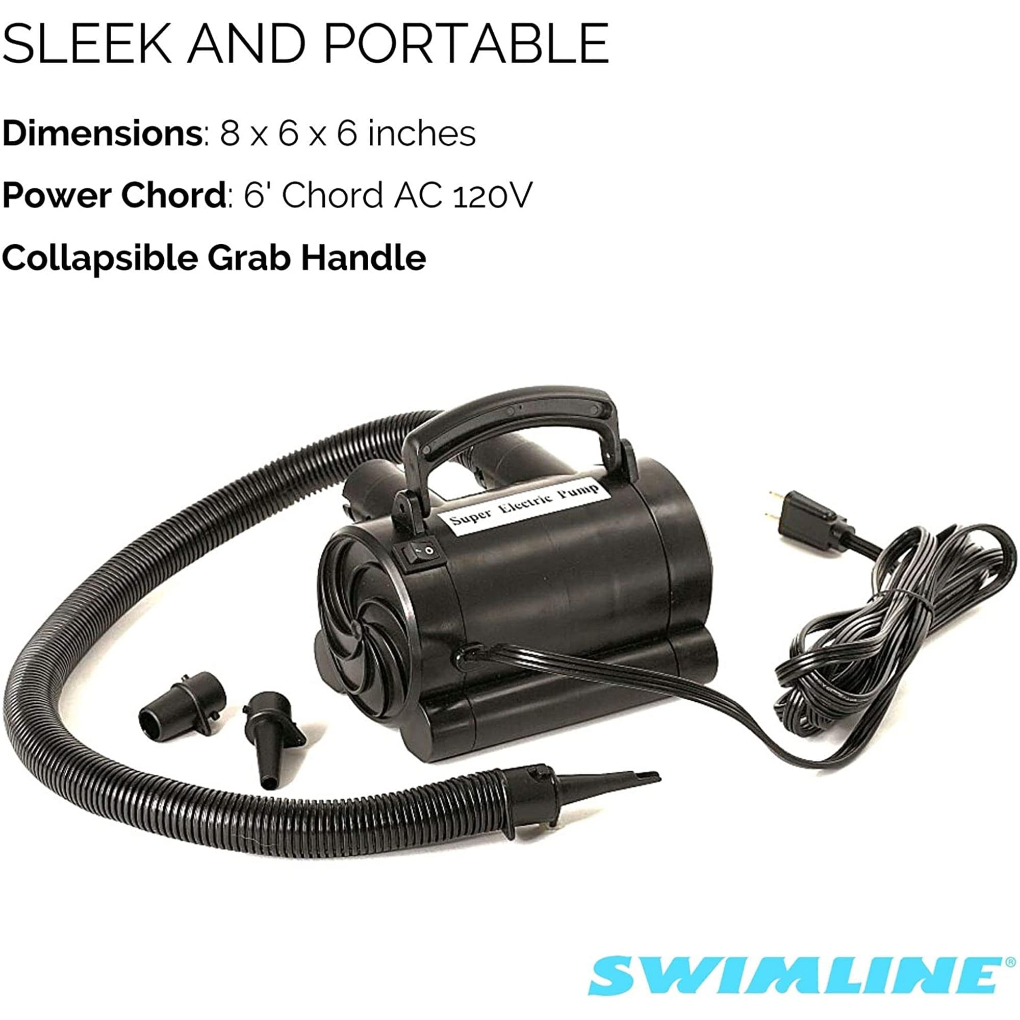 Swimline pump inflating a colorful pool float quickly for party readiness