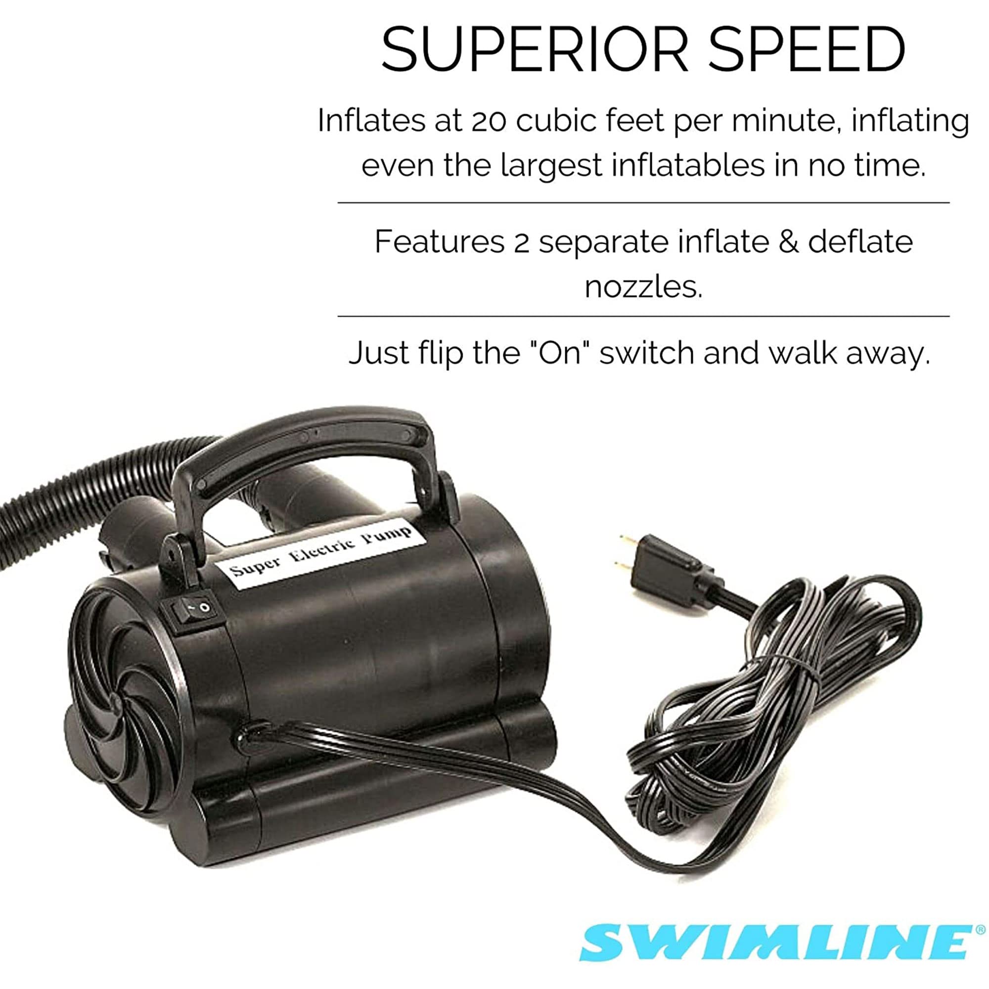 Swimline pump packed into a tote demonstrating easy storage after deflation