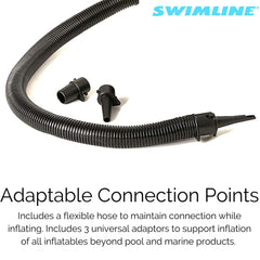 Swimline pump beside a ruler to show compact 7x6x6 inch size and portability