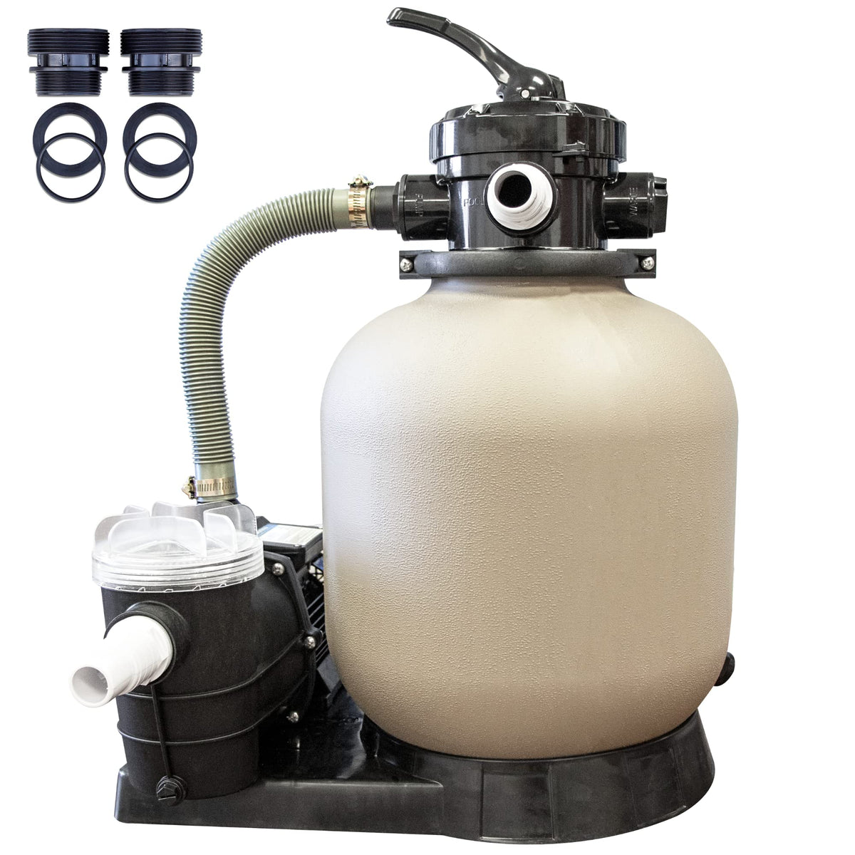 Swimline front view of sand filter showing tank and pump, emphasizing durable construction and easy setup