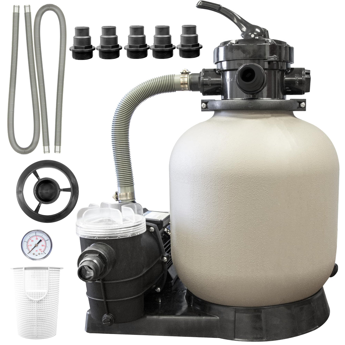 Swimline front assembly showing pump and tank, clear visual of complete setup and compact footprint