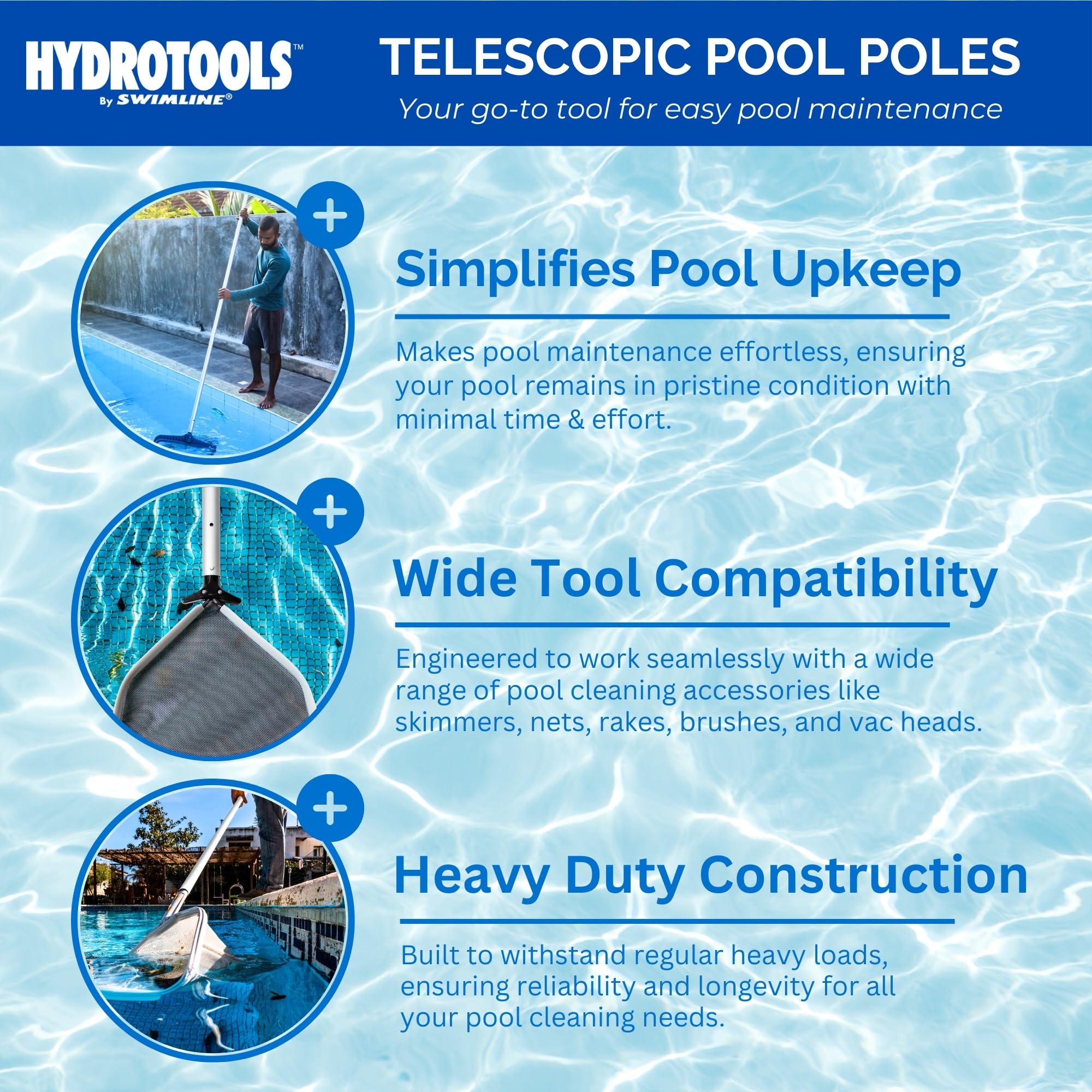 Swimline pole fully extended in pool demonstrating reach for deeper areas