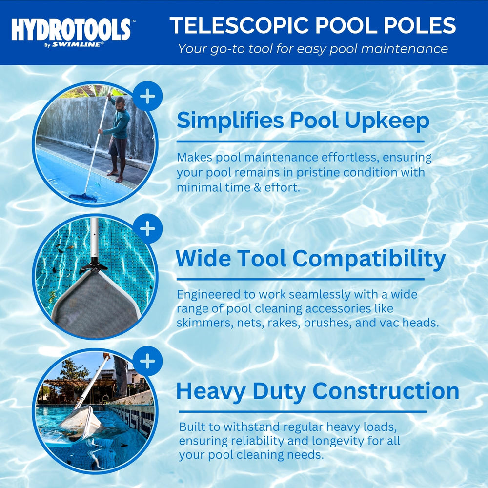 Swimline pole fully extended in pool demonstrating reach for deeper areas