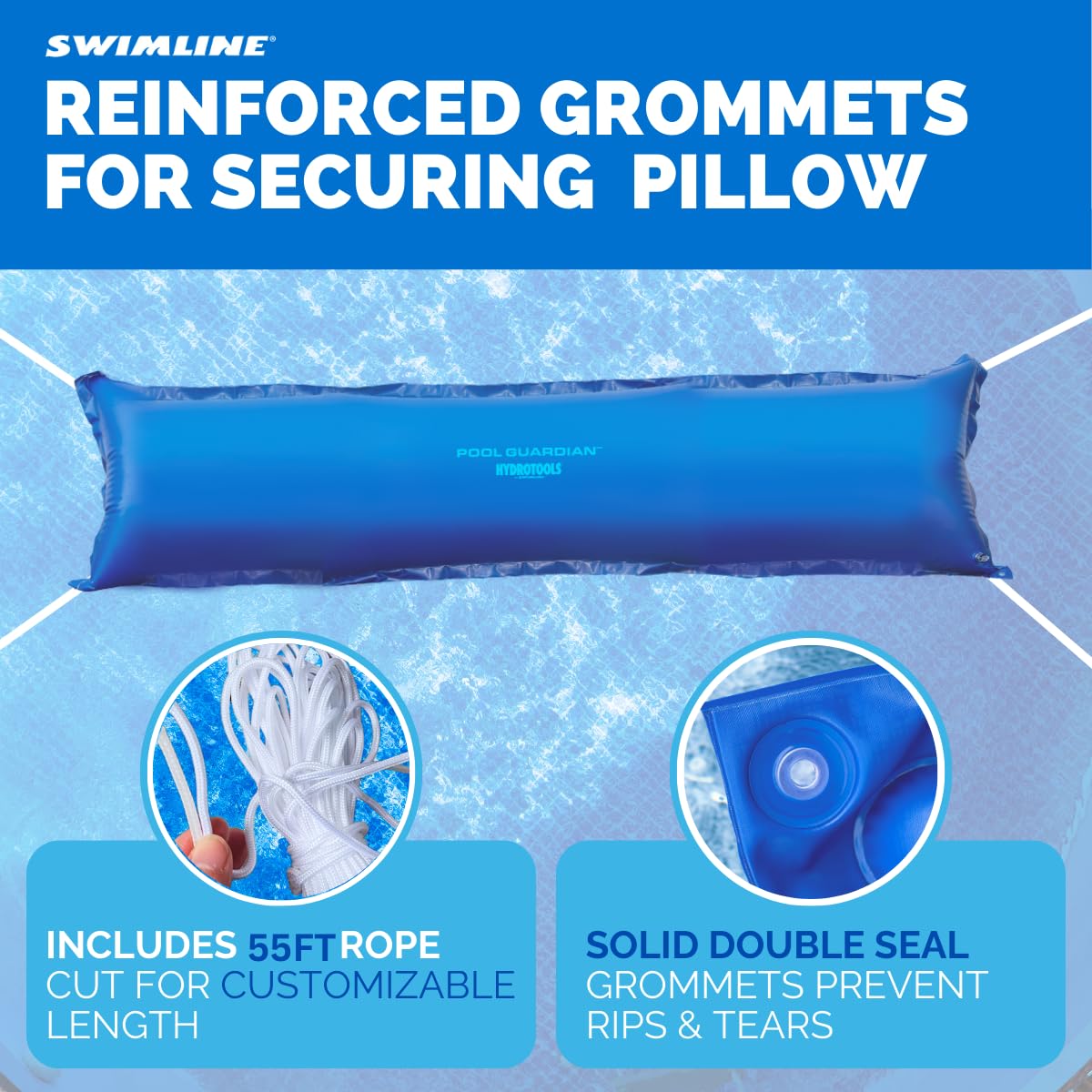 Swimline reinforced grommet with rope showing tear-resistant attachment benefit