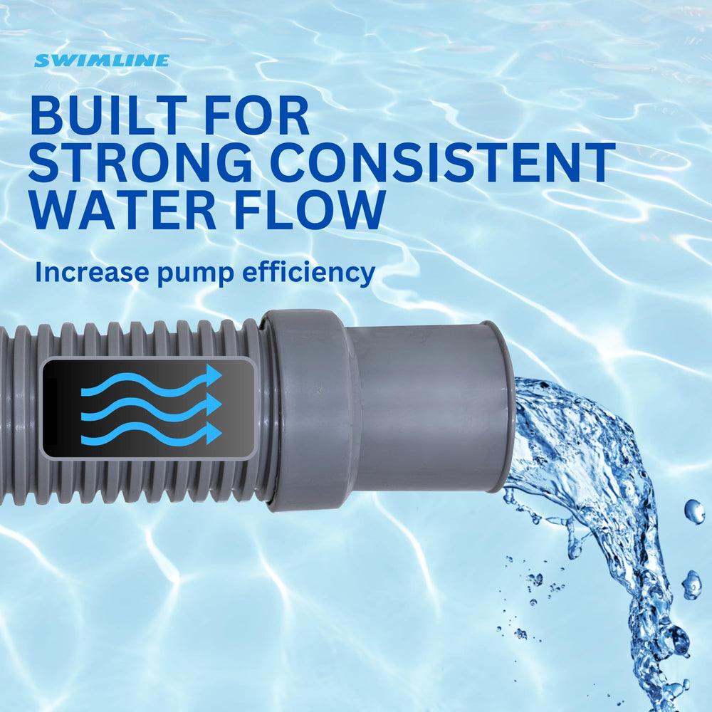 Swimline hose installed between skimmer and pump demonstrating leakproof, stable flow