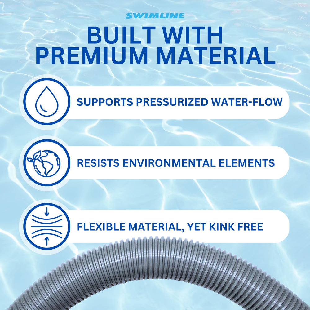 Swimline hose beside ruler showing 9-foot length for common above-ground pool runs