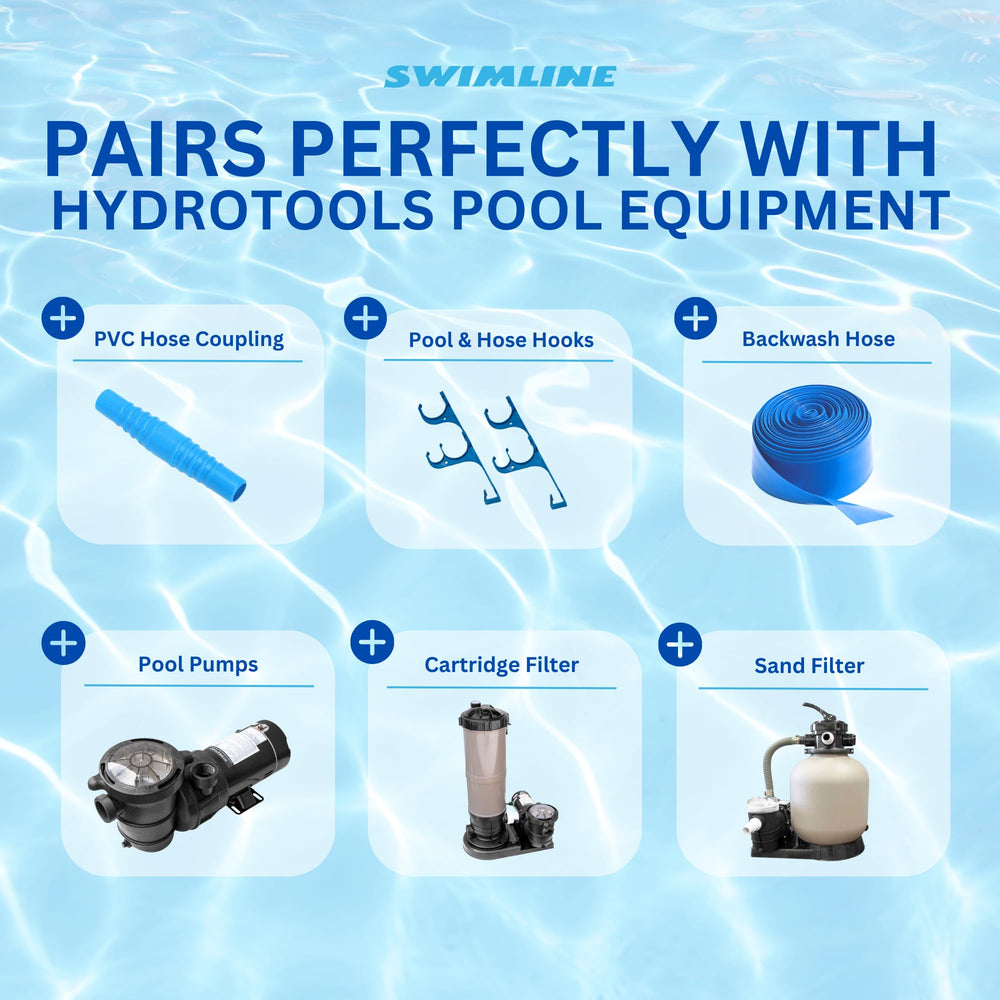 Swimline hose in backyard pool setup illustrating easy install and steady filtration performance