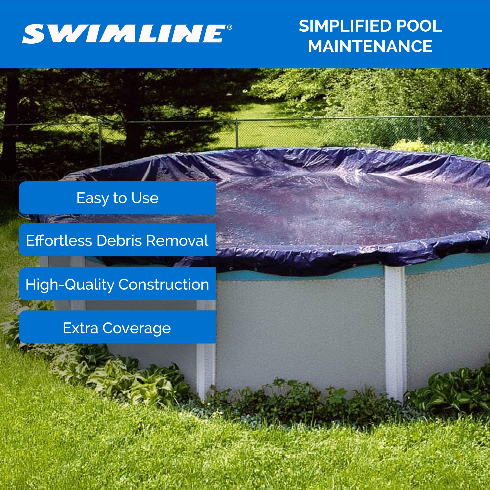 Swimline HydroTools size comparison with person showing scale and coverage for 21 ft pools