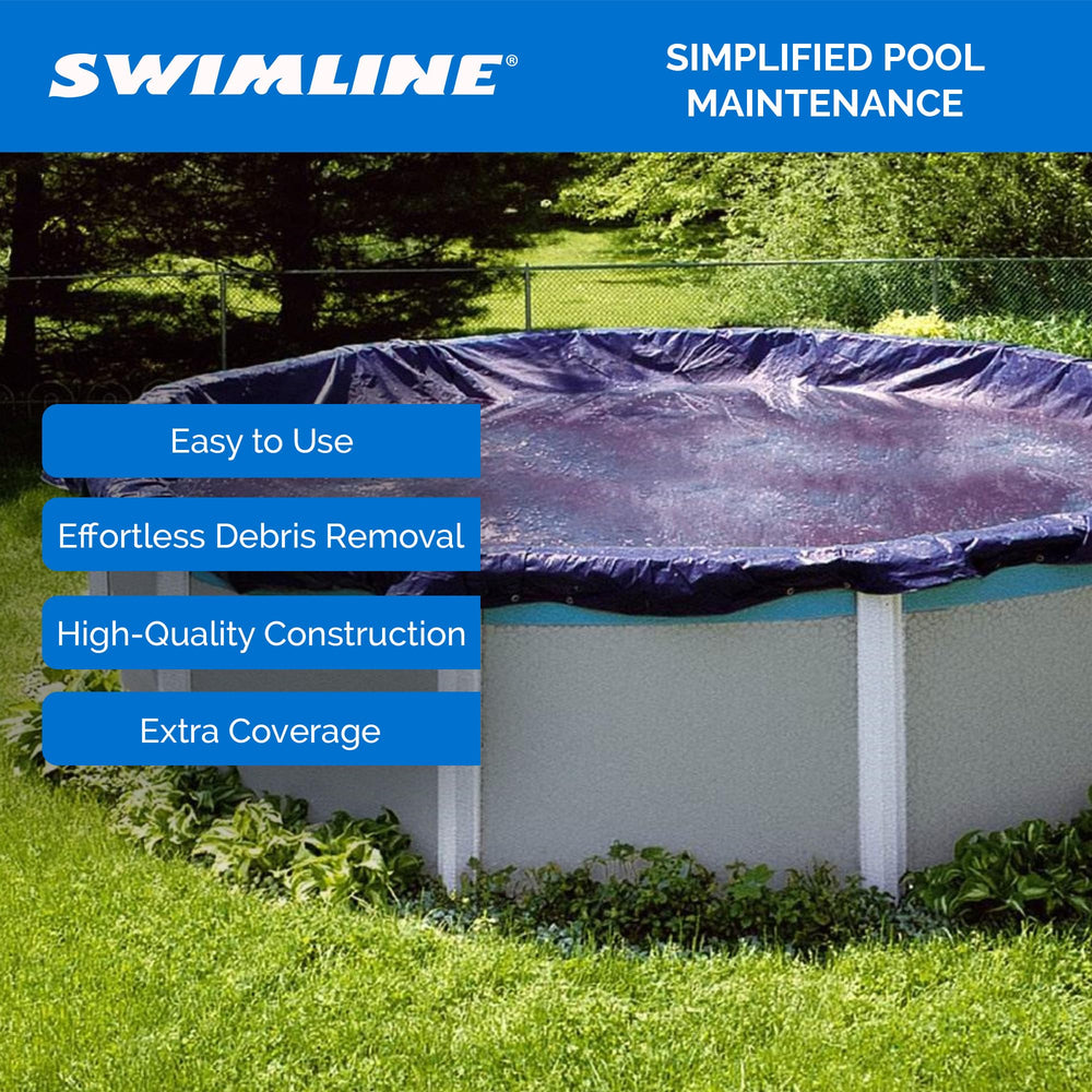 Swimline HydroTools size comparison with person showing scale and coverage for 21 ft pools