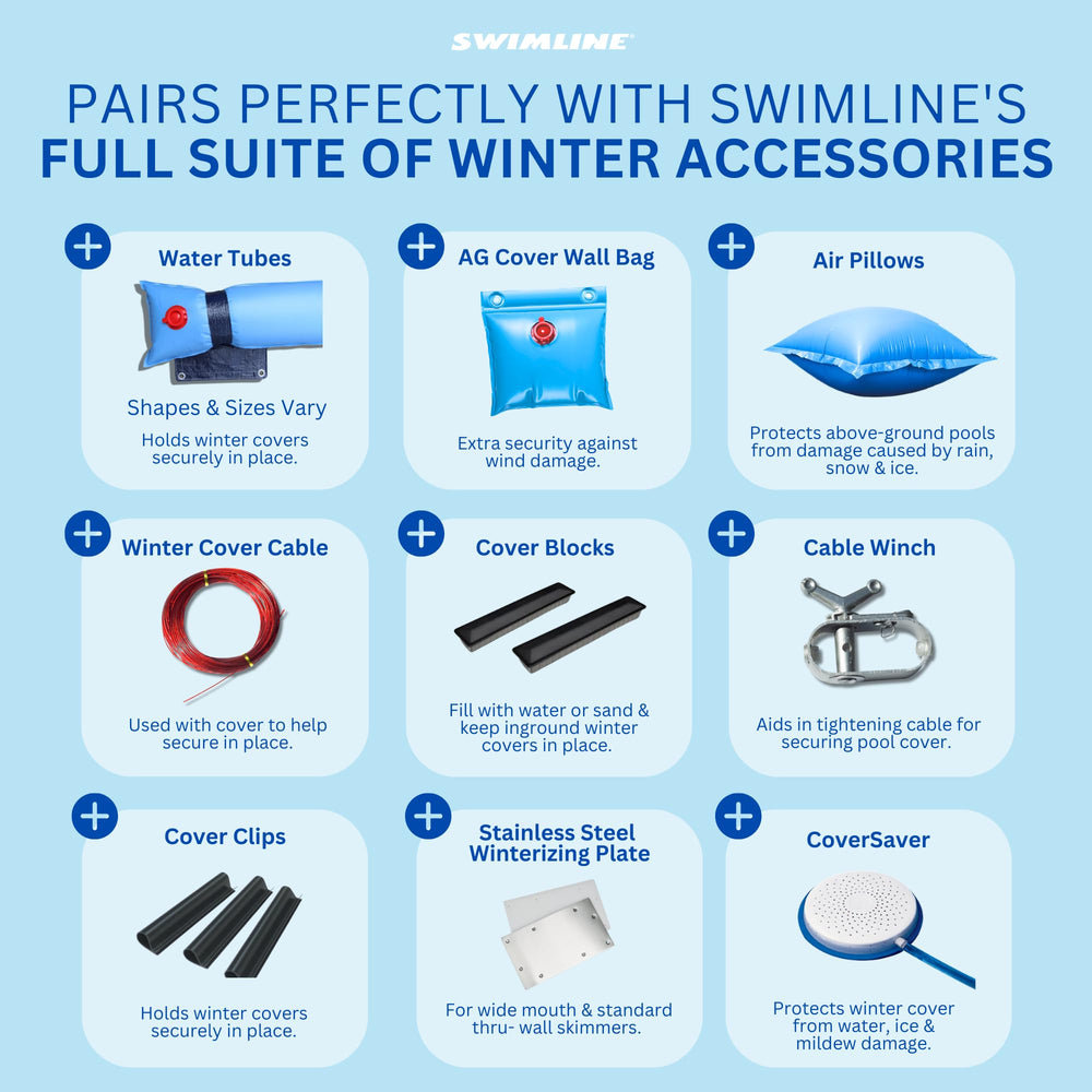 Swimline on a winter backyard pool showcasing seasonal protection and cleaner spring opening