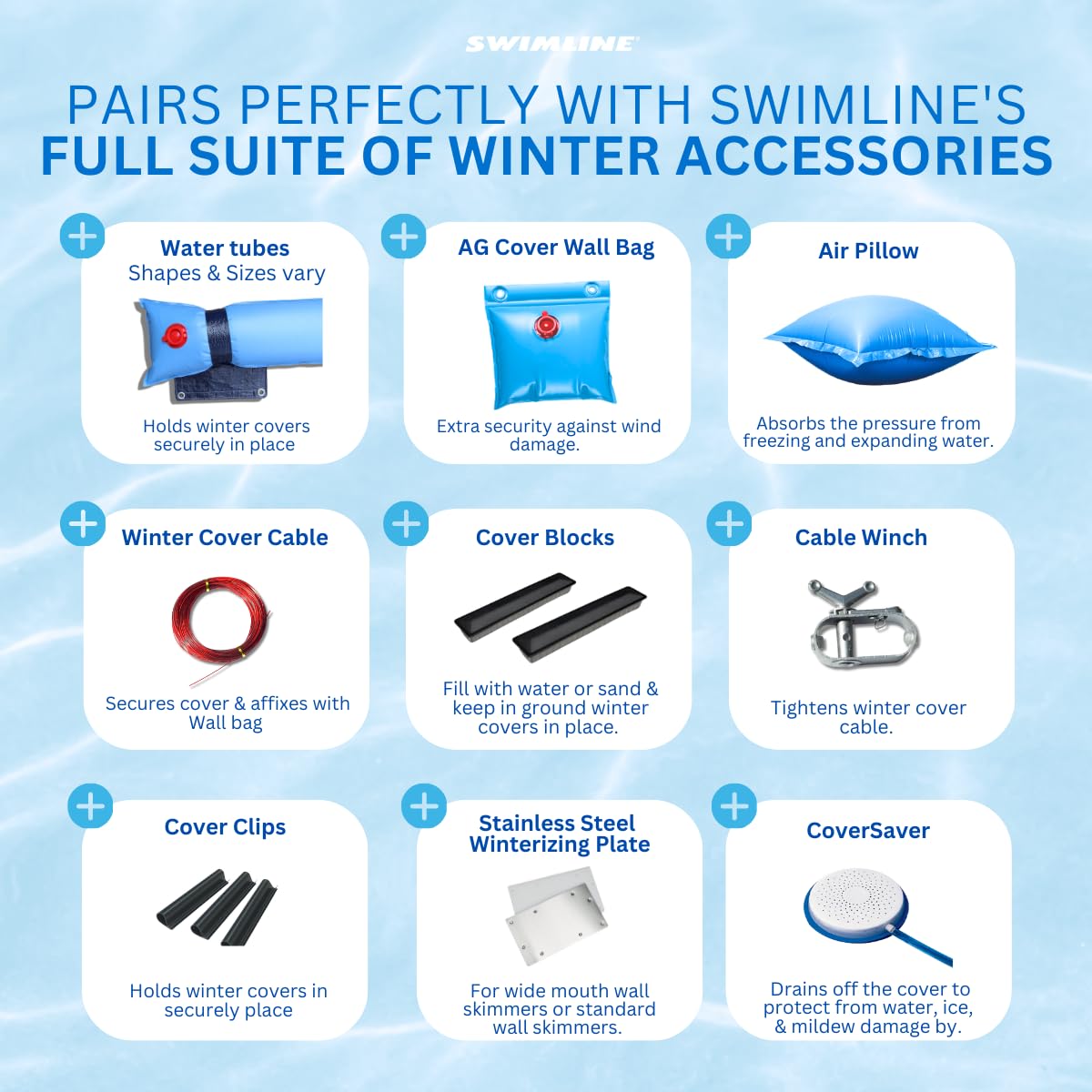 Swimline in a backyard pool winter scene illustrating cover protection benefit