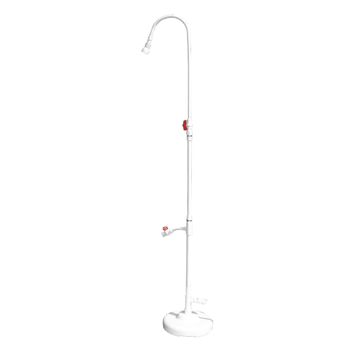 Swimline poolside shower front view showing full unit and hose connection benefit: convenient rinsing