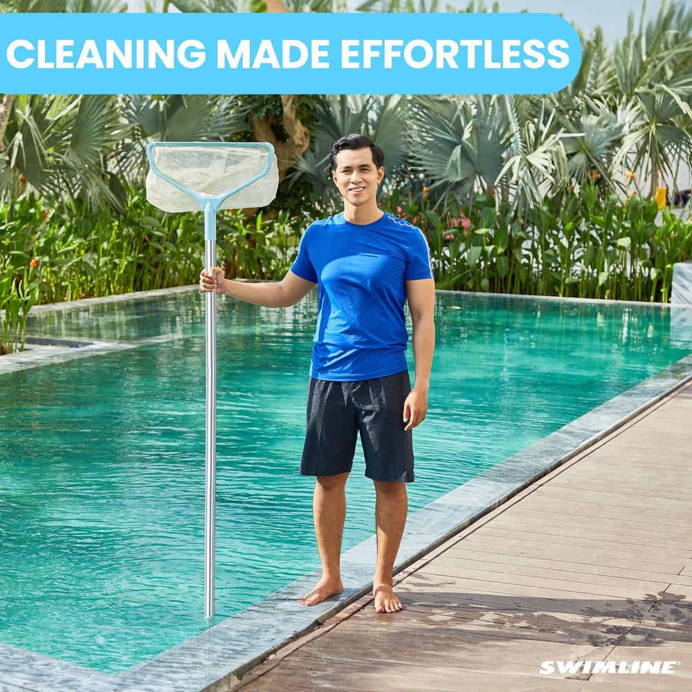 Swimline pole beside person for scale showing length options and usability