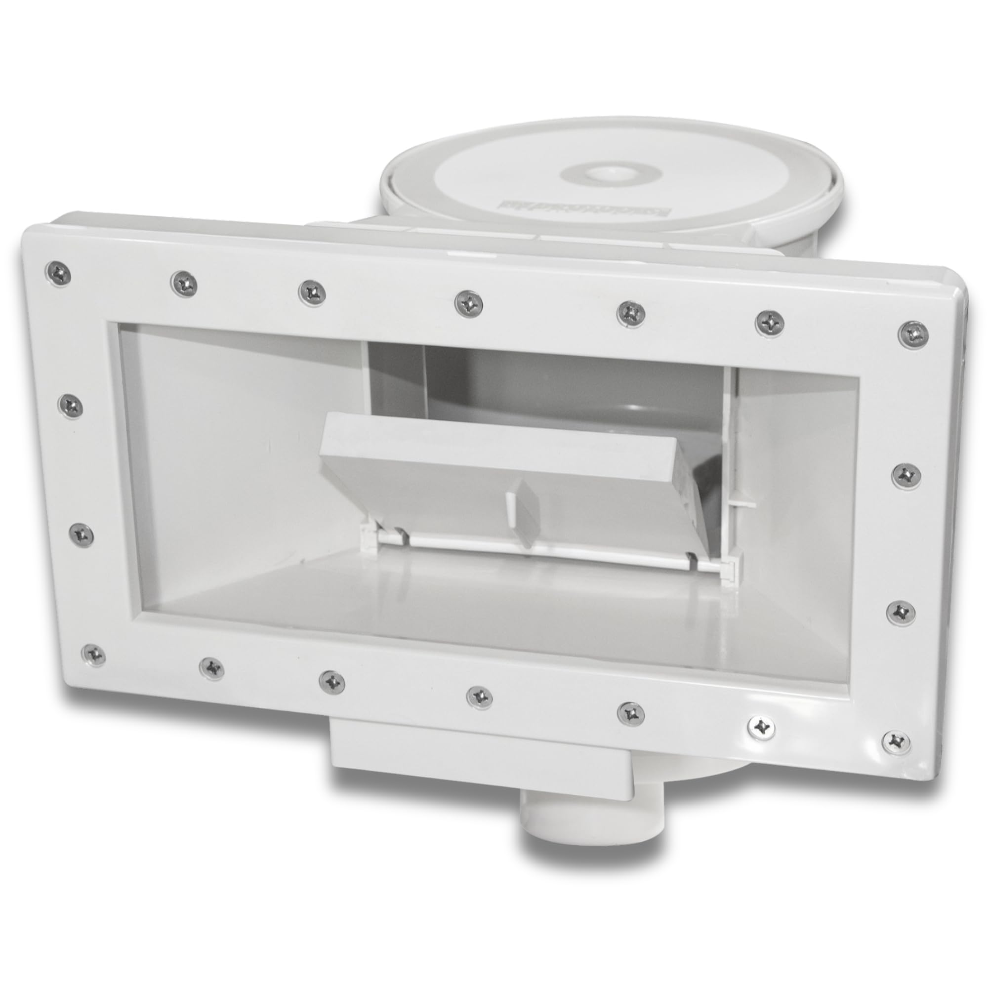 Swimline skimmer front-mounted on pool wall showing wide-mouth intake and faster debris capture