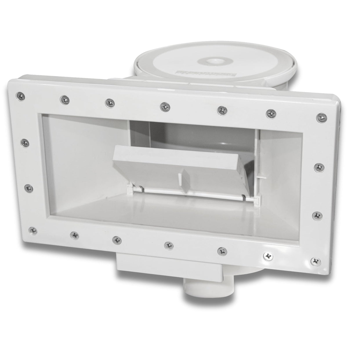 Swimline skimmer front-mounted on pool wall showing wide-mouth intake and faster debris capture