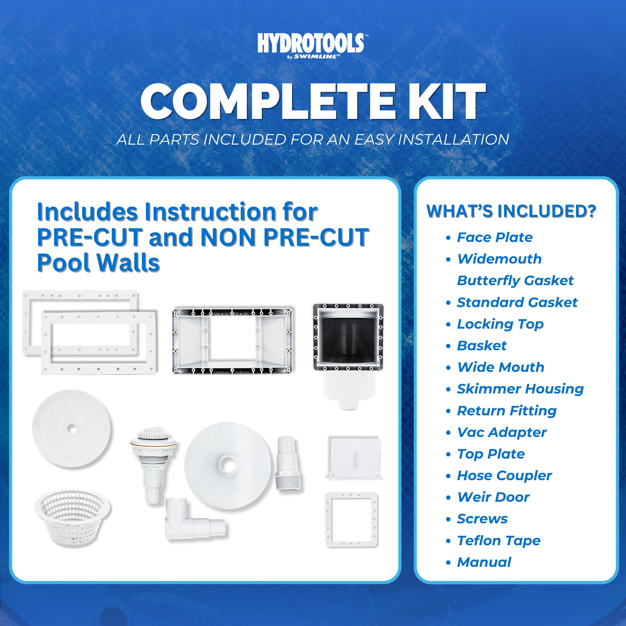 Swimline skimmer installed on an above-ground pool showing compatibility and simple setup benefit