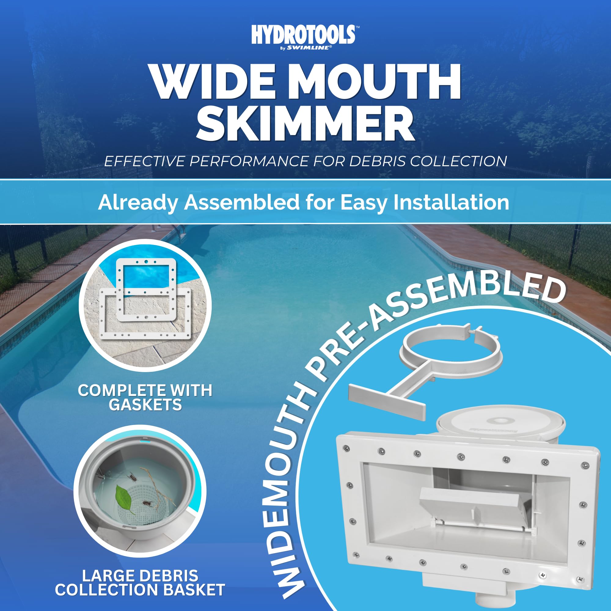 Swimline skimmer side profile demonstrating low-profile fit and durable ABS construction benefit