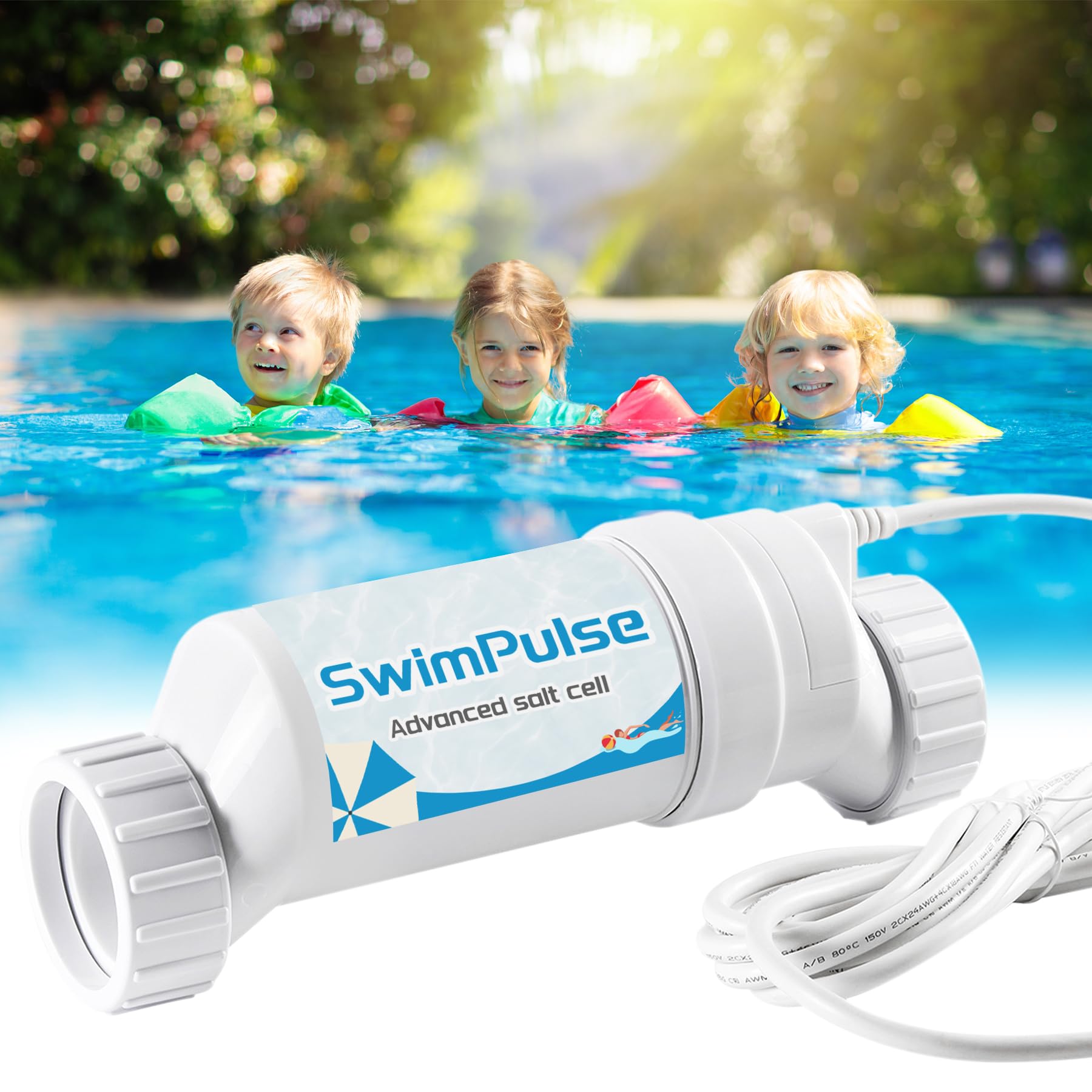 SwimPulse front view showing robust housing and easy-install benefits