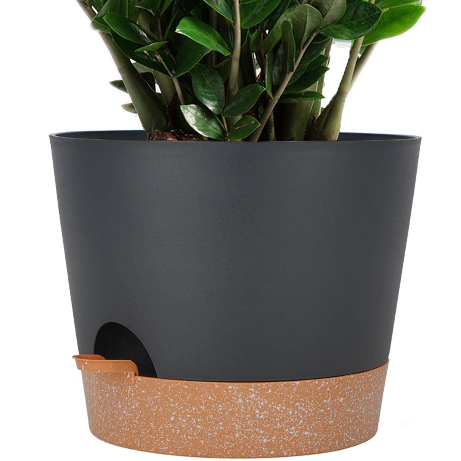 SwinDuck front view of 12-inch planter showing sleek black and brown finish and stability