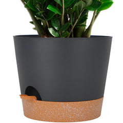 SwinDuck front view of 12-inch planter showing sleek black and brown finish and stability