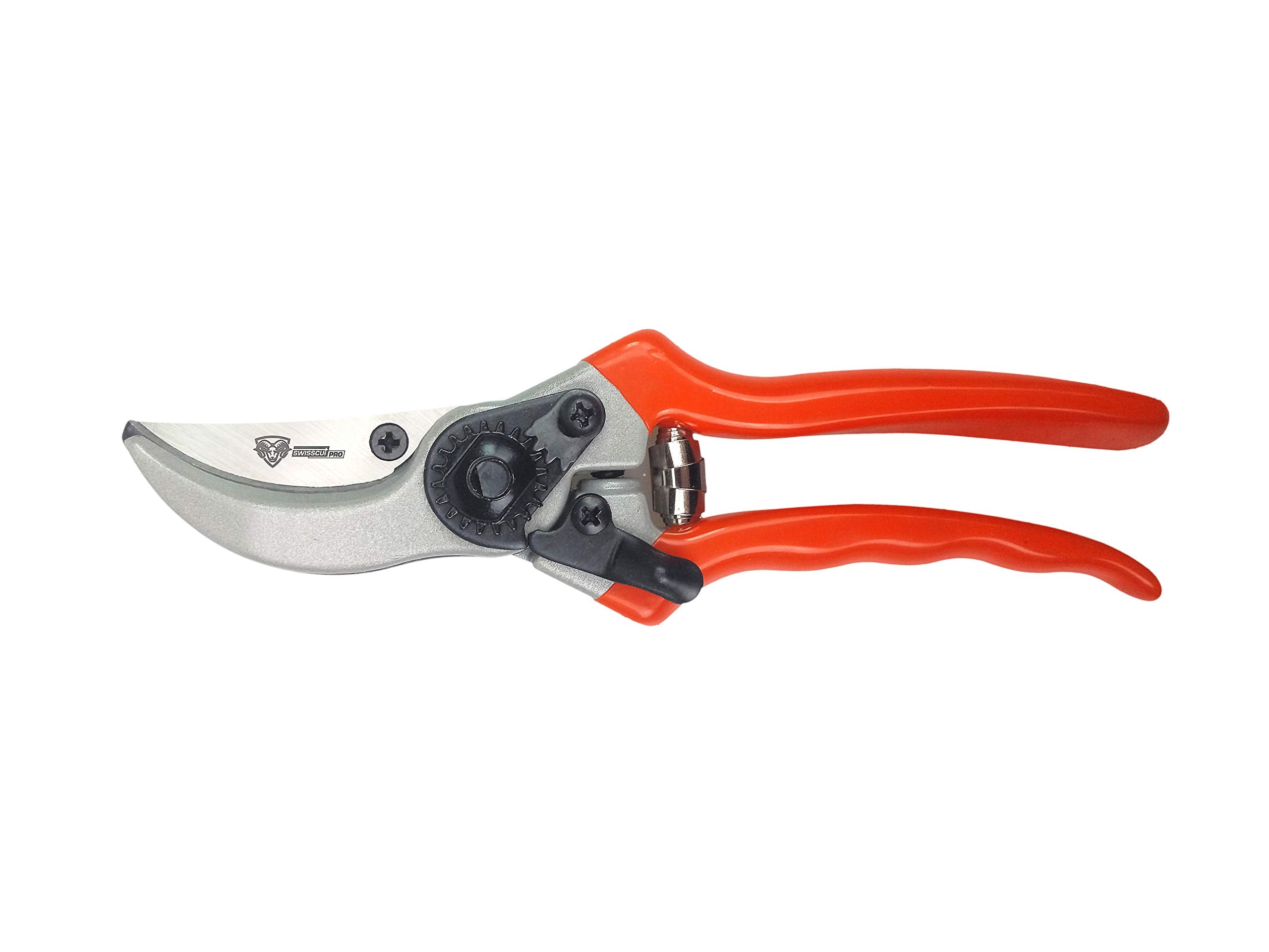 SwissCut Pro front view showing full pruner and bright handles for easy finding