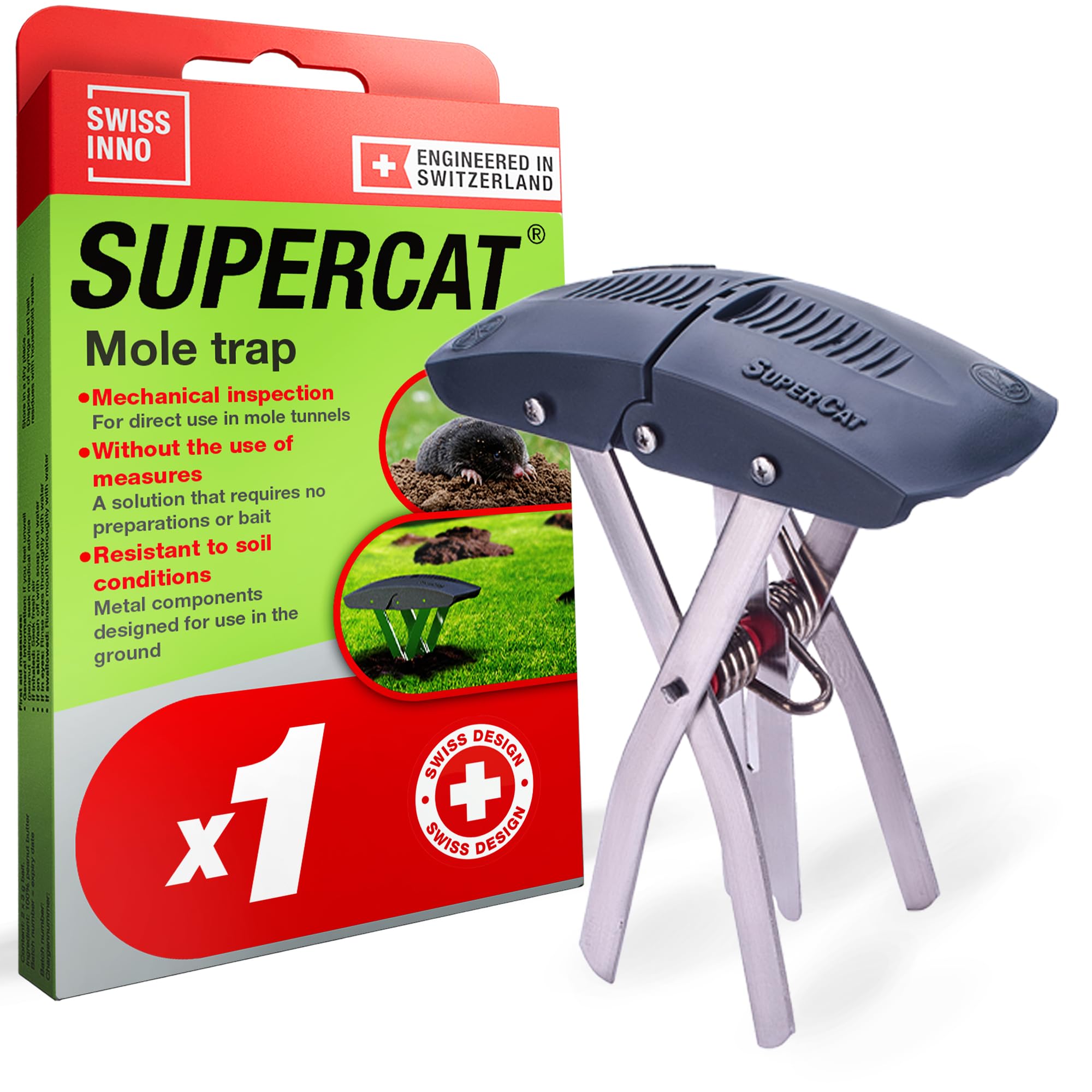 SWISSINNO SuperCat front view showing compact reusable mole catcher and quick setup benefit