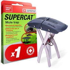 SWISSINNO SuperCat front view showing compact reusable mole catcher and quick setup benefit