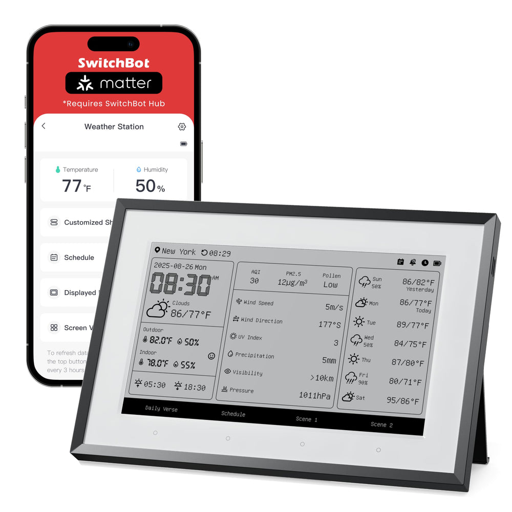 SwitchBot dashboard front view showing weather and calendar for quick planning