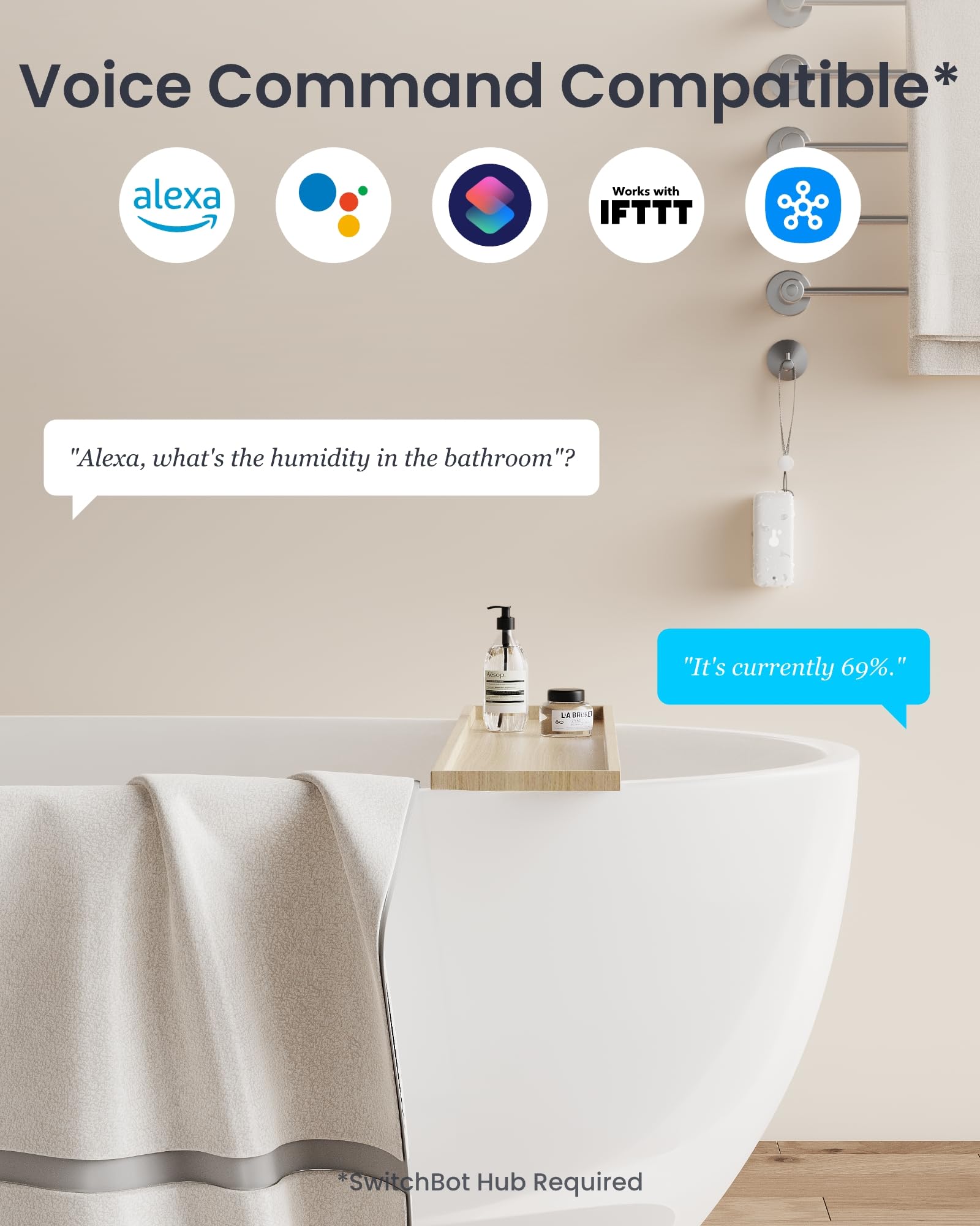 SwitchBot sensor with water splashes demonstrating IP65 splash protection