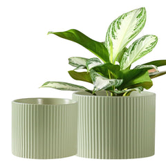 Swkien front view of two matte green planters showing modern striped look and stylish benefit