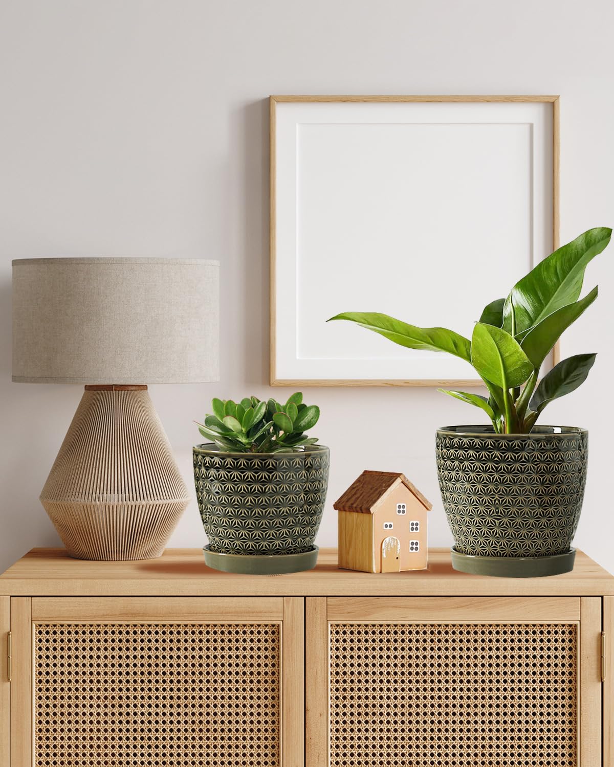 Swkien mantel lifestyle scene with pots adding color and texture to home decor
