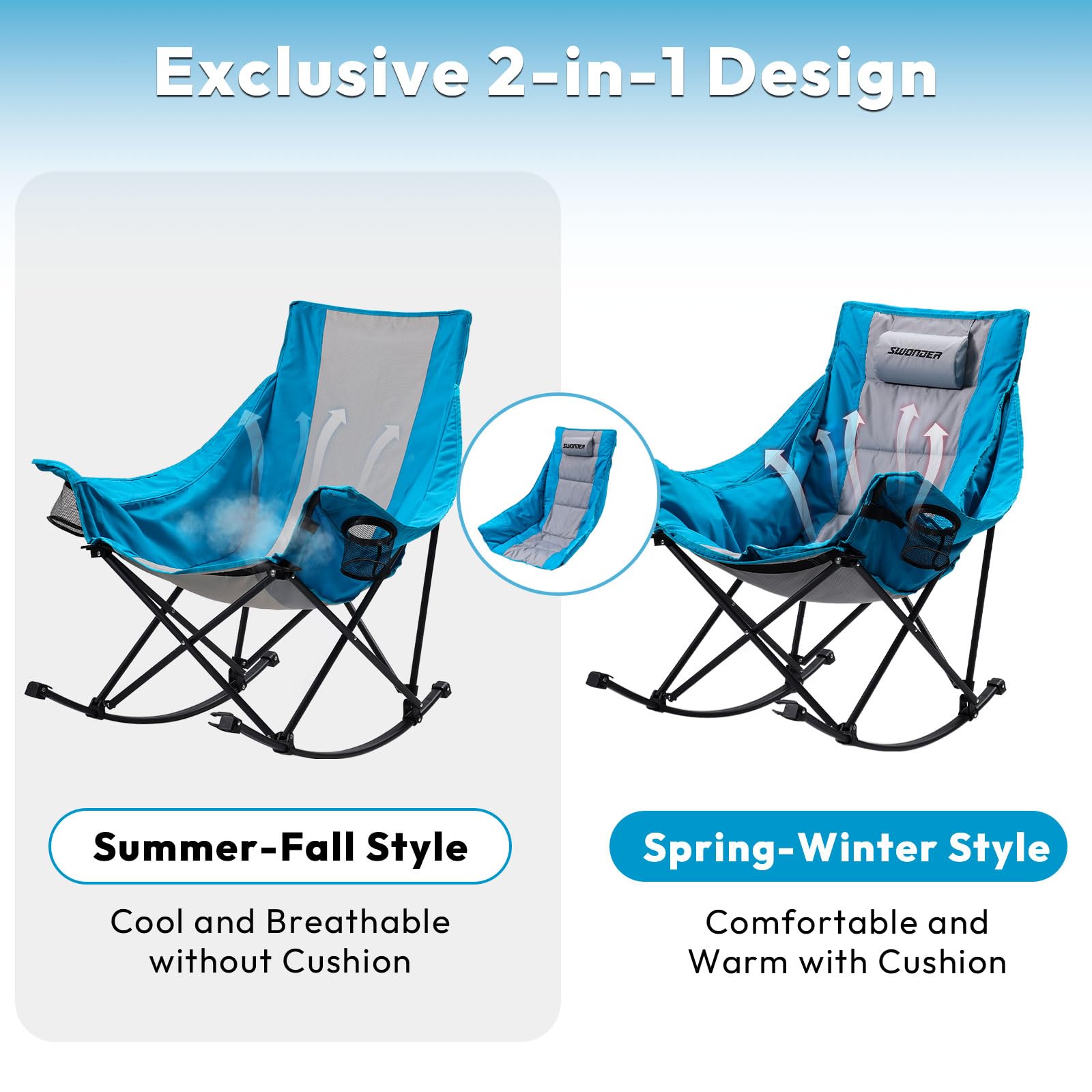 Swonder close-up of removable 2-in-1 cushion showing seasonal versatility