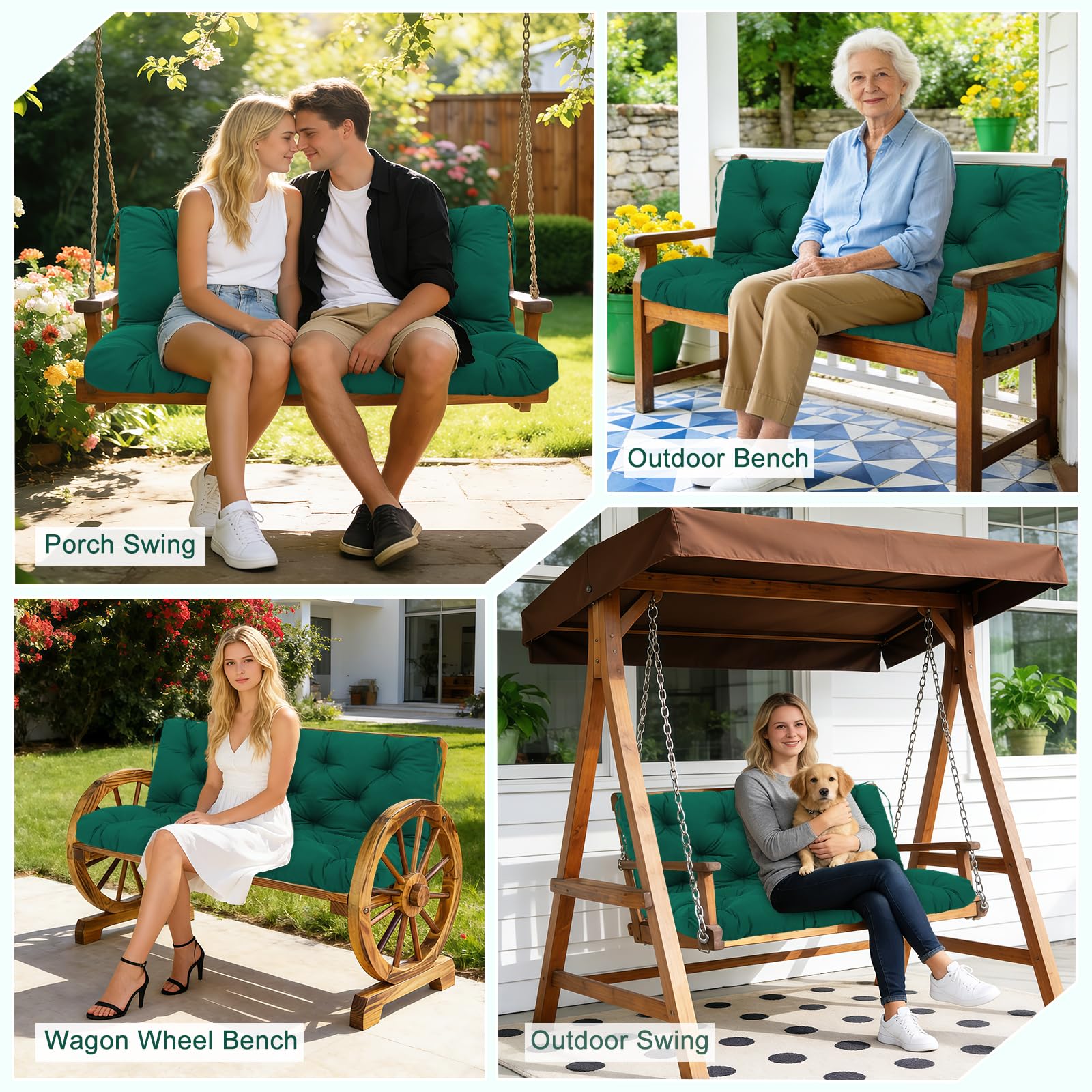 SXBFHGH dark green cushion styled on patio bench showing upgraded look for outdoor spaces